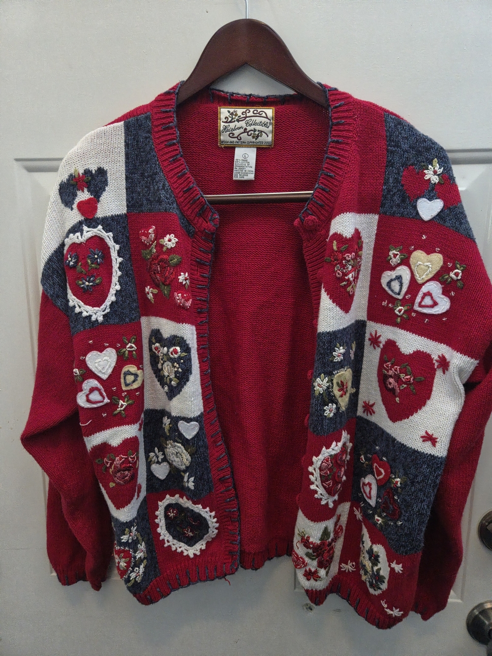 Red Embroidered Heart Patchwork Cardigan Sweater